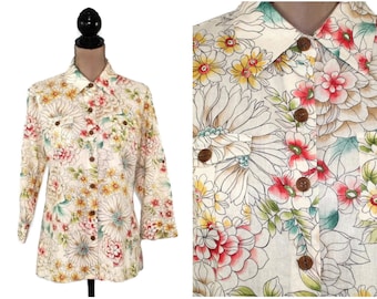 Chemisier boutonné à fleurs aquarelle des années 90, moyen, haut à col à manches 3/4, chemise boutonnée en lin rayonne, vêtements vintage pour femmes VAN HOUSEN