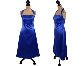 XS-S 90s Y2K Royal Blue Satin Formal Dress, Empire Waist Tea Length Bridesmaid, Beaded Halter Evening Gown, 50s Style Clothes Women Vintage