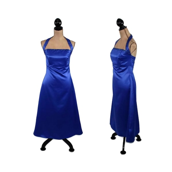 XS-S 90s Y2K Royal Blue Satin Formal Dress, Empire Waist Tea Length Bridesmaid, Beaded Halter Evening Gown, 50s Style Clothes Women Vintage