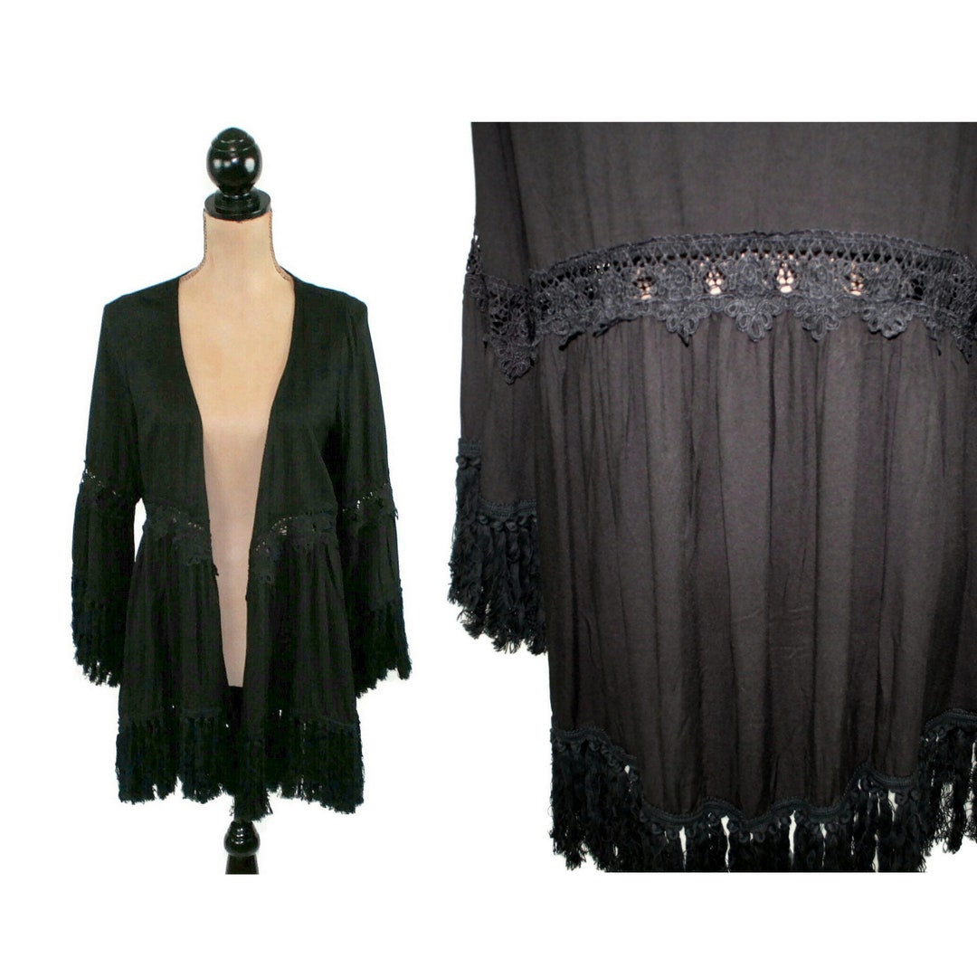 Black Bell Sleeve Cardigan Duster, Lightweight Open Kimono Jacket With ...