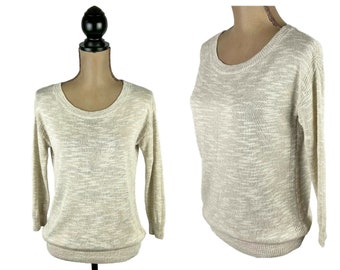 XS-S Y2K Beige Space Dye Knit Linen Sweater, Drop Shoulder 3/4 Sleeve Casual Pullover Top, 2000s Clothes Women BANANNA REPUBLIC Deadstock