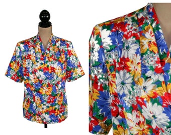 M 80s Colorful Print Blouse Medium, Satin Jacquard Polyester Floral Shirt, Short Sleeve Top, 1980s Clothes Women Vintage LAURA & JAYNE