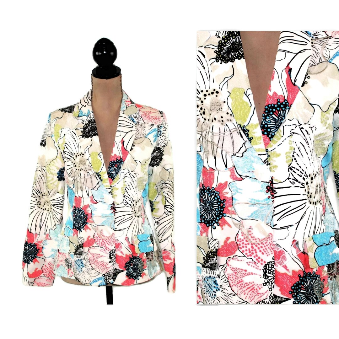 Floral Silk Jacket Embroidered Blazer Women Small Mod Colorful Etsy