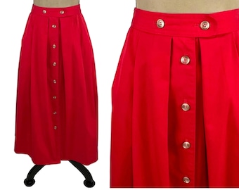 M 80s Red Cotton Button Down Skirt Medium, 28" High Waist Pleated Midi Skirt with Pockets, 1980s Clothes Women Vintage COUNTRY SUBURBANS