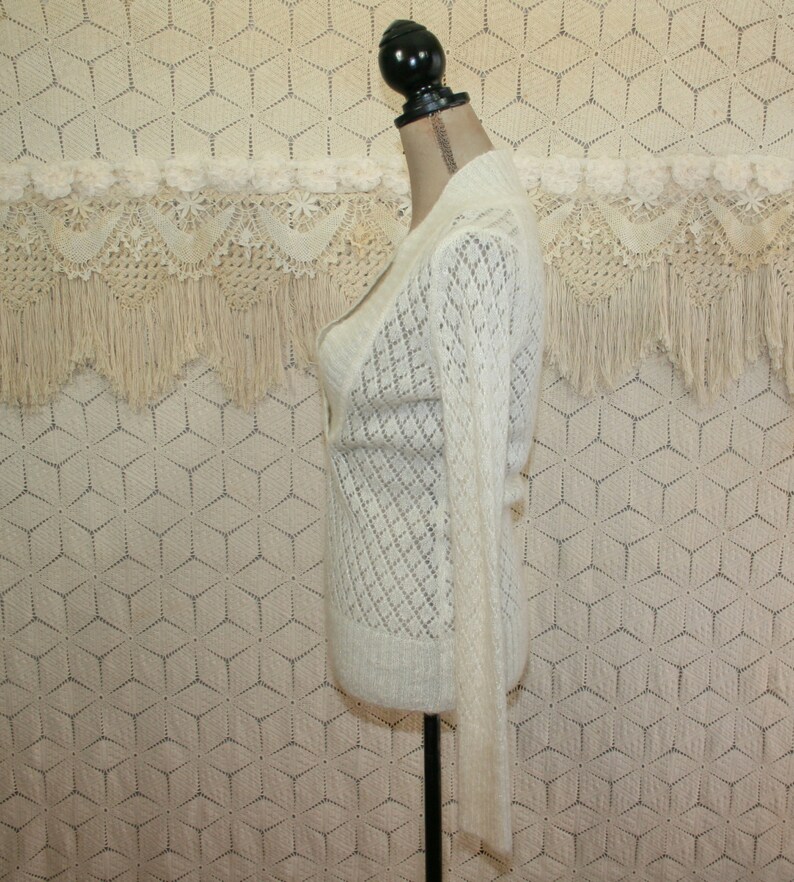 Womens V Neck Sweater XS Small Cream White Pullover Wool Sweater Mohair Sparkly Pointelle Knit Lacy Sheer Open Weave Ann Taylor
