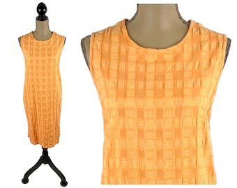 M-L 80s 90s Orange Gingham Summer Midi Dress, Seersucker Sleeveless Shift, Creamsicle Sundress Casual Clothes Women, Vintage RUSS BERENS USA