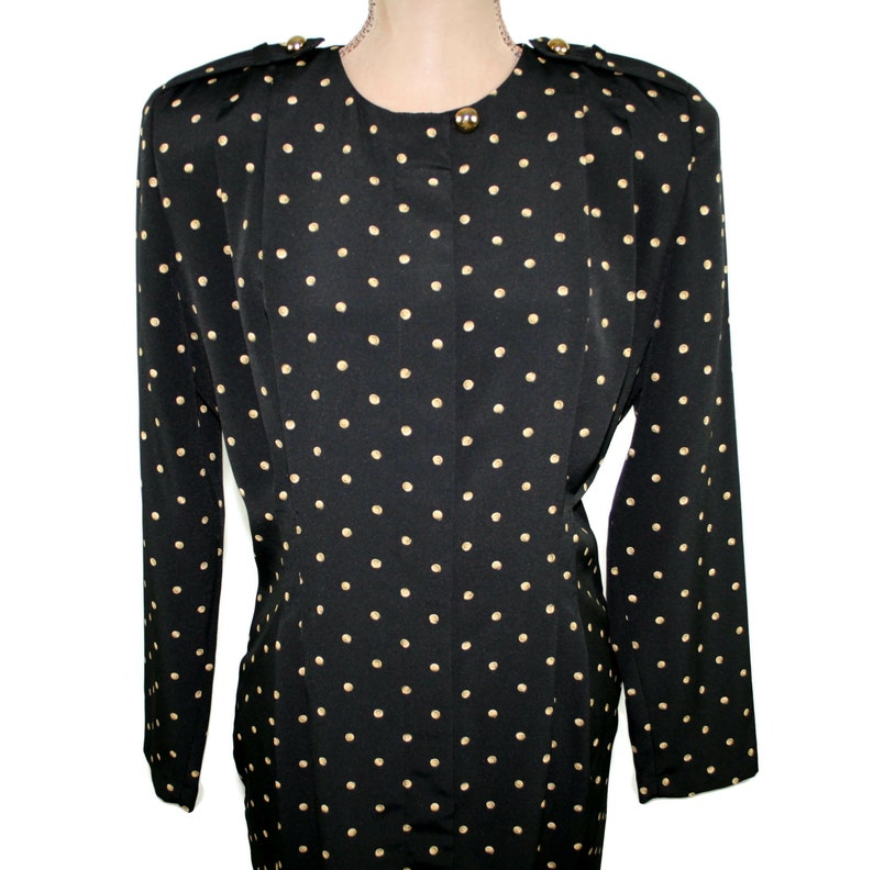 L 90s Black & Gold Polka Dot Dress Large, Long Sleeve Midi Dress with Pockets, 1990s Clothes Women, Vintage Clothing from MS CHAUS Size 14 image 3