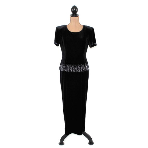 M 90s Black Velvet Dress Medium Petite, Maxi Bead… - image 4