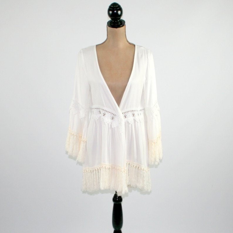 Bell Sleeve Open Cardigan with Fringe, White Boho Beach Wedding, Kimono Jacket Duster, Festival Hippie Clothes, Bohemian Clothing Women image 2