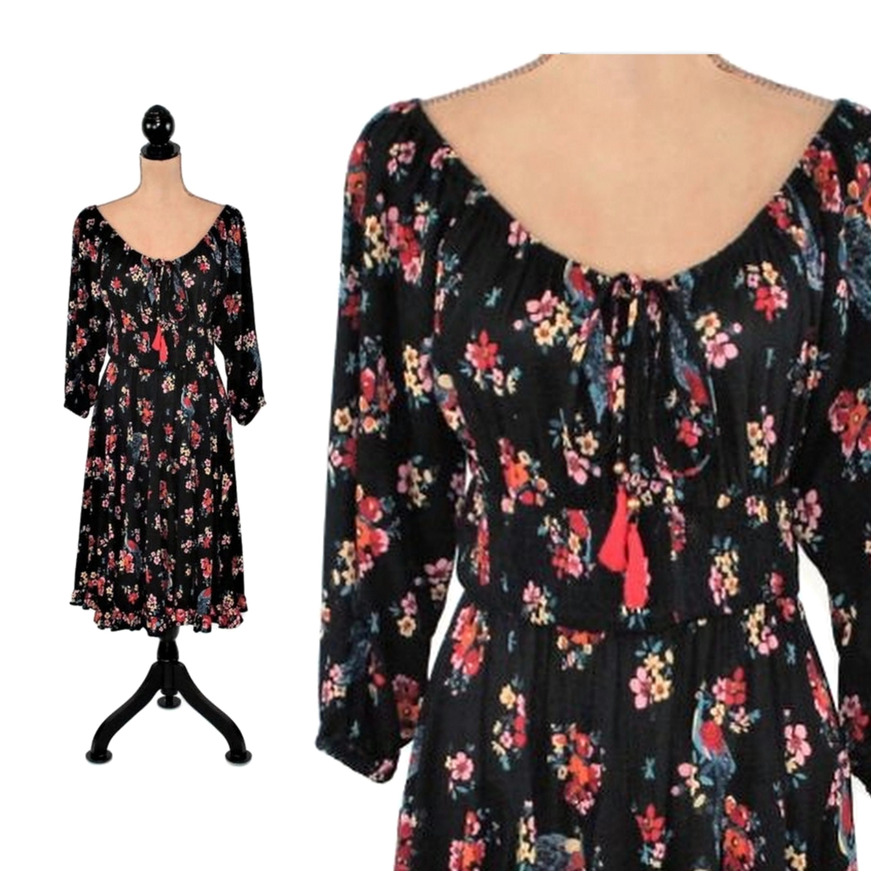 Black Floral Dress Rayon Peasant Dress Women Boho Midi Bird - Etsy