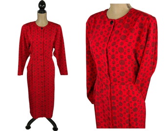 M 80s Geometric Red Print Midi Dress Medium, Long Sleeve Polyester Shoulder Pad Button Up with Pockets, 1980s Clothes Women Vintage AXIOM