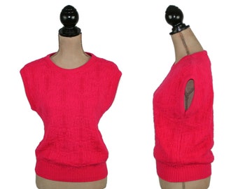 S-M 80s Sleeveless Sweater Vest, Hot Pink Raspberry Cotton Knit Top, Cap Sleeve Preppy Spring Clothes Women, Vintage 1980s Small Medium