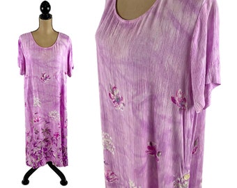 L-XL Pastel Purple Loose Fitting Summer Dress Large XL, Short Sleeve Floral Print Tie Dye Gauze Flowy Beach Lounge Casual Clothes for Women