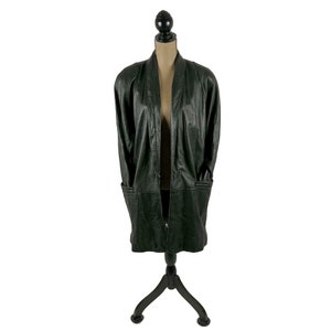 Vintage WILSONS Oversized Black Leather Coat Women, Round Shoulder Pad Dolman Sleeve 80s New Wave 90s Minimalist Trench Coat Medium to Large image 2