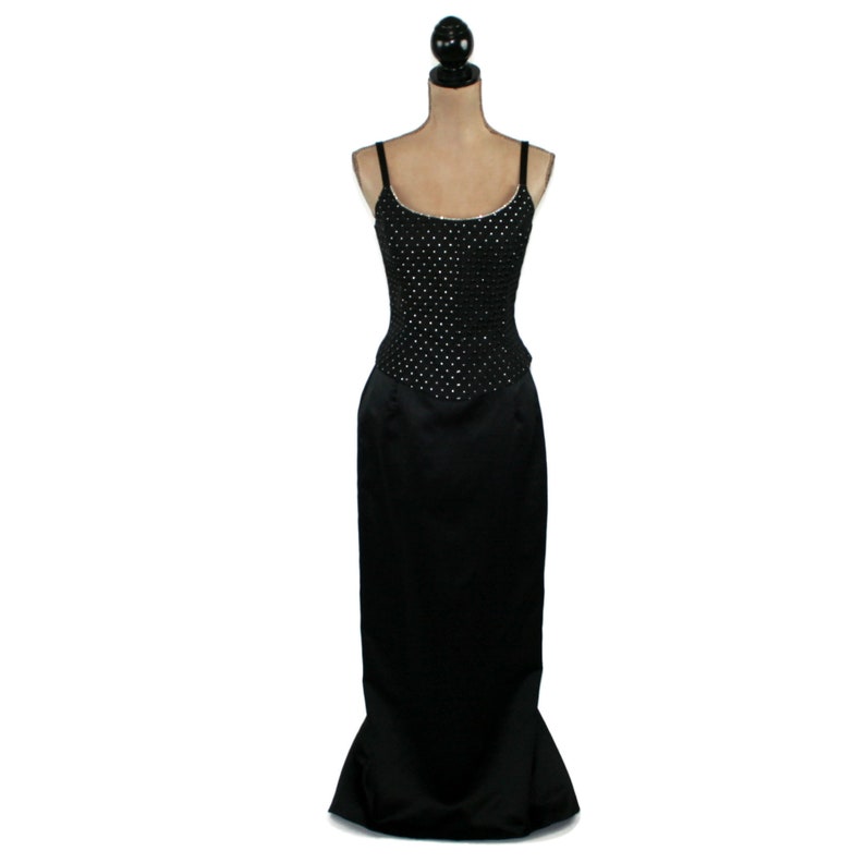 M 90s Formal Dress Medium Floor Length Black Evening Gown Metallic Silver Dot Rhinestone Jessica McClintock GUNNE SAX Vintage Clothing Women image 4