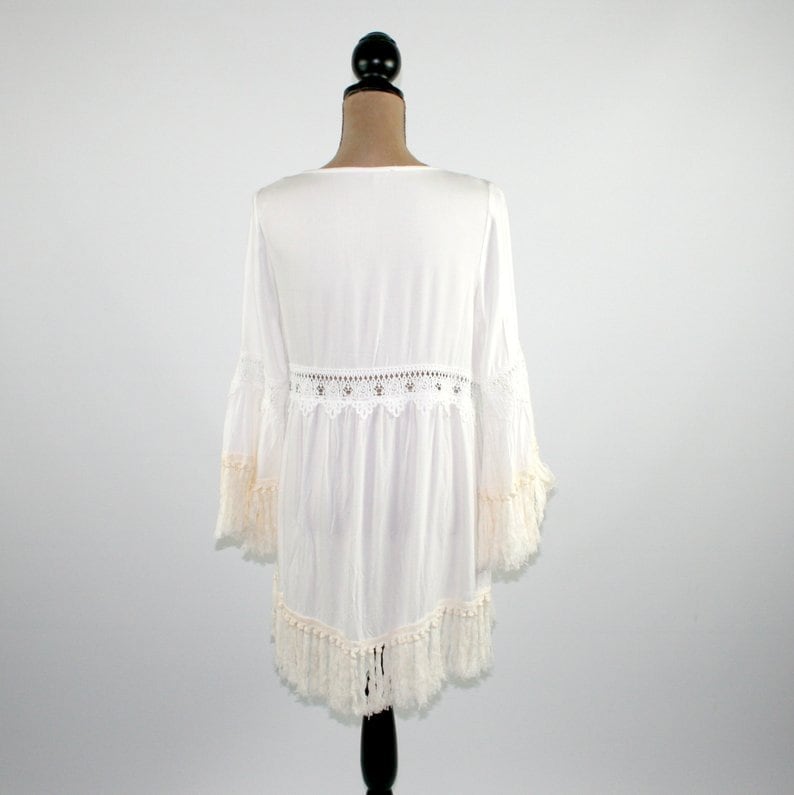 Bell Sleeve Open Cardigan with Fringe, White Boho Beach Wedding, Kimono Jacket Duster, Festival Hippie Clothes, Bohemian Clothing Women image 6