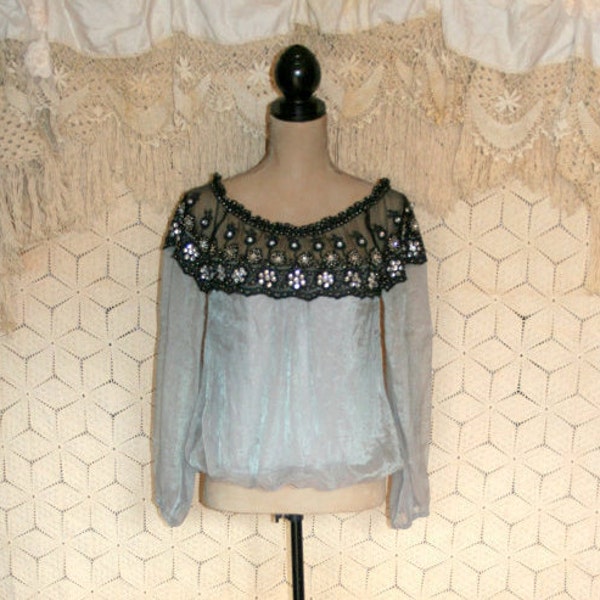 Bohemian Blouse Dressy Peasant Blouse Romantic Gray Boho Blouse Lace Embellished Gypsy Blouse Long Sleeve Blouse Size Small Womens Clothing