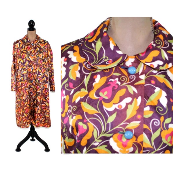 Vintage Duster Coat Women Large, Loose Long Floral Trench, Collared Button Up Colorful Print Psychedelic Mod, Spring Hippie Boho Clothes