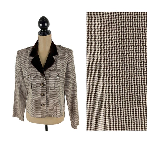 M-L 80s Houndstooth Jacket, Velvet Collar Brown &… - image 1