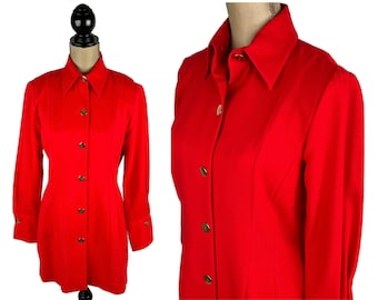 S 90s Longline Red Blazer Small, 100% Wool Crepe Fitted Suit Jacket with French Cuffs & Gold Buttons, 1990s Clothes Women Vintage Clothing