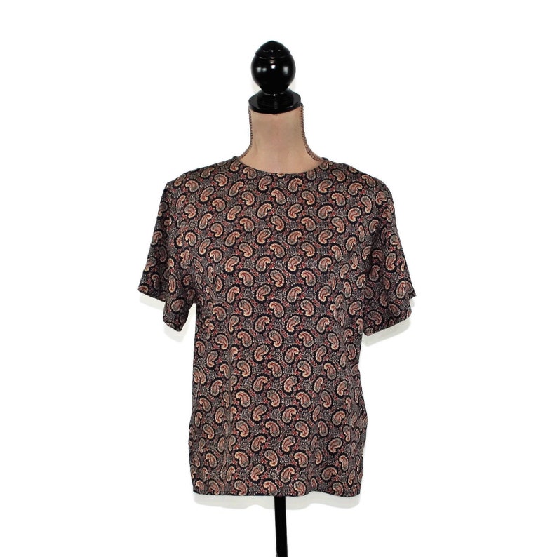 1980s Blouse Short Sleeve Paisley Shirt Boxy Navy Blue Print Rayon Office Wear Liz Claiborne Top 80s Vintage Clothing Women Medium Petite