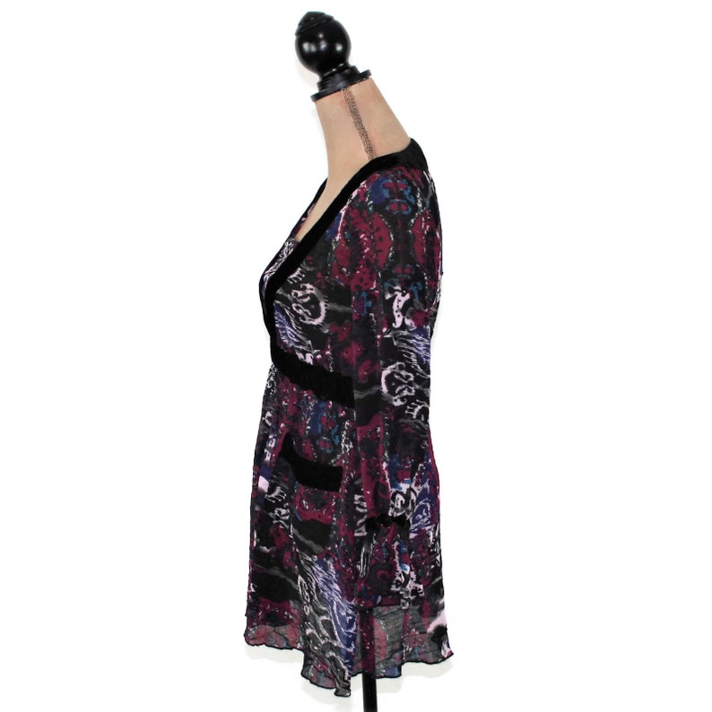 Long Sleeve Boho Top XS Small Romantic Empire Waist Blouse Batik Sheer Purple Print Shirt Ruffle Cuff Hippie Clothes Bohemian Women Clothing