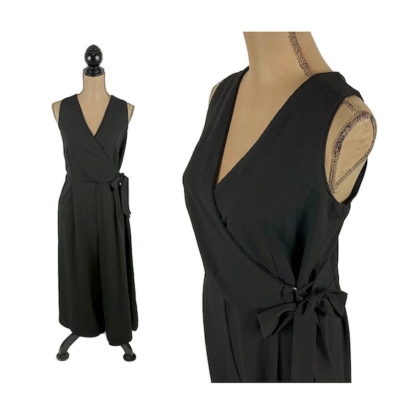 L 90s Y2K Sleeveless Black Wide Leg Jumpsuit with… - image 1