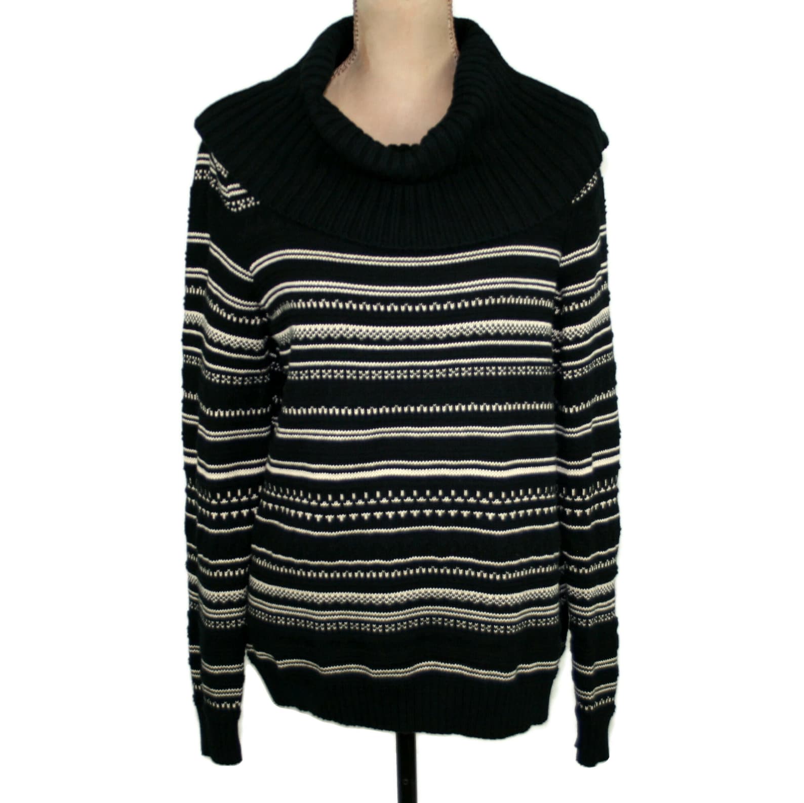 Black and White Striped Knit Cotton Sweater Women Large Cowl Etsy