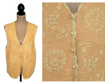 M-L 90s Y2K Yellow Sweater Vest, Knit V Neck Button Up, Beaded Embroidered Waistcoat, Cottage Clothes Women Vintage Clothing CAROLYN TAYLOR