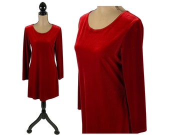 M-L 90s Red Velvet Long Sleeve Mini Dress, Scoop Neck Fit & Flair Cocktail Dress, Minimalist 1990s Clothes Women Vintage from MY MICHELLE