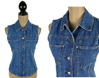 S 90S Fitted Denim Sleeveless Top or Vest, Collared Button Up Back Buckle Chest Pockets, 1990s Clothes Women Vintage Clothing by EDDIE BAUER