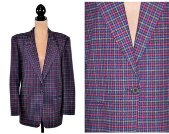 L 80s Houndstooth Blazer Large, Plaid Wool Blend One Button Shoulder Pads, 1980s Clothes Women, Vintage Clothing NORTON MCNAUGHTON Size 12