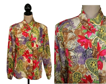 L 80s High Neck Long Sleeve Polyester Blouse Large, Multicolor Mixed Print Button Up, 1980s Clothes Women, Vintage Clothing By TESS Size 12