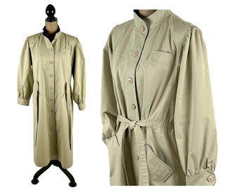 80s Vintage Beige Raincoat with Navy Piping, 1980s RAIN SHEDDER Mid Calf Coat Large, Belted Trench Style with Puffed Sleeves & Shoulder Pads