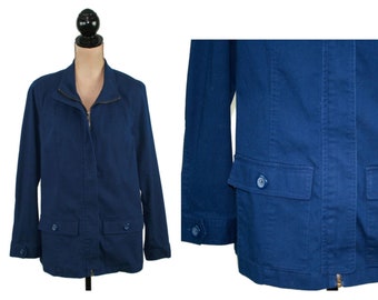 M-L 90s Zip Up Chore Jacket, Dark Blue Navy Cotton Barn Coat, Drawstring Waist Flap Pockets, 1990s Clothes Women Vintage COLDWATER CREEK