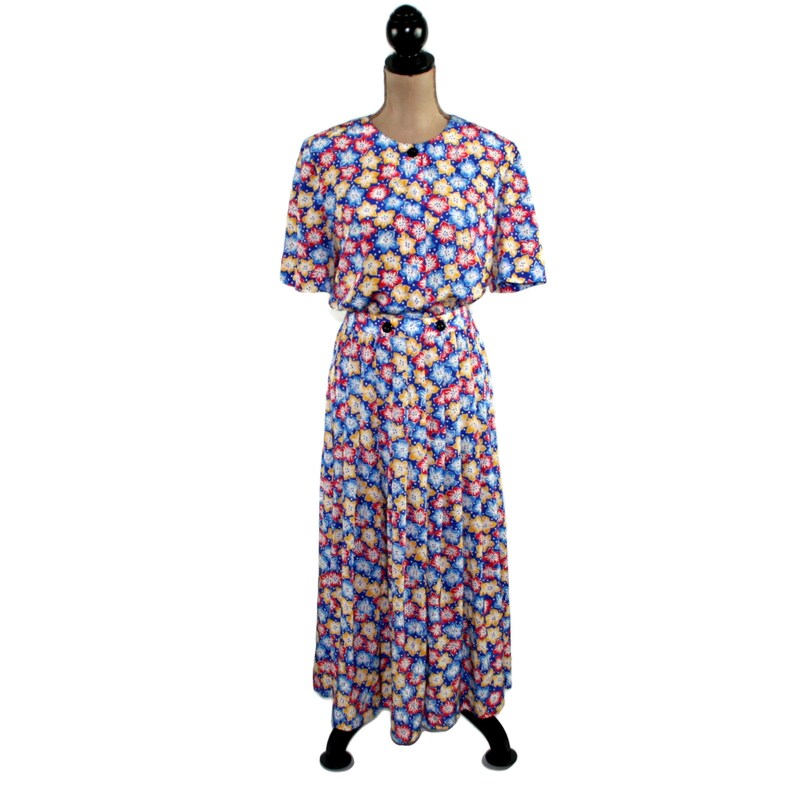 90s Floral Maxi Dress Large Colorful Polyester Short Sleeve - Etsy