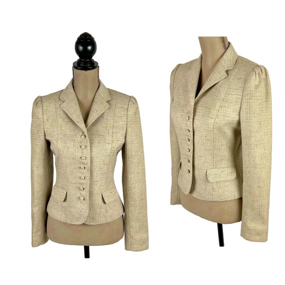 S 70s Tan Tweed Blazer Small, Fitted Tailored Sui… - image 1