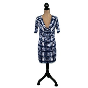 S-M Y2K Jersey Knit Dress, Short Sleeve Midi, Abstract Tie Dye Dark Blue and White, Fitted Stretchy Casual 2000s Clothes Women Small Medium image 4
