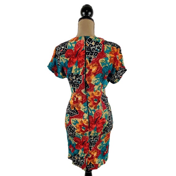 S 80s Abstract Floral Short Sleeve Summer Mini Dr… - image 7
