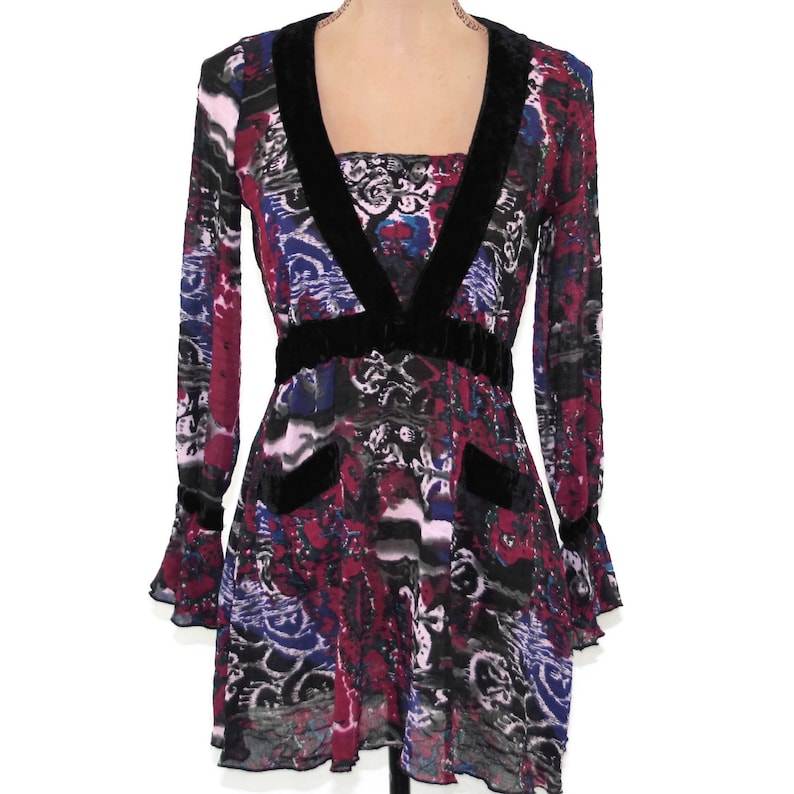 Long Sleeve Boho Top XS Small Romantic Empire Waist Blouse Batik Sheer Purple Print Shirt Ruffle Cuff Hippie Clothes Bohemian Women Clothing
