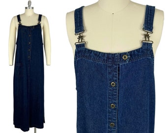 L 90s Jean Overall Dress Large, Denim Jumper Dress, Maxi Pinafore Dress, Long Sleeveless Shift, 1990s Clothes Women Vintage KATHY IRELAND