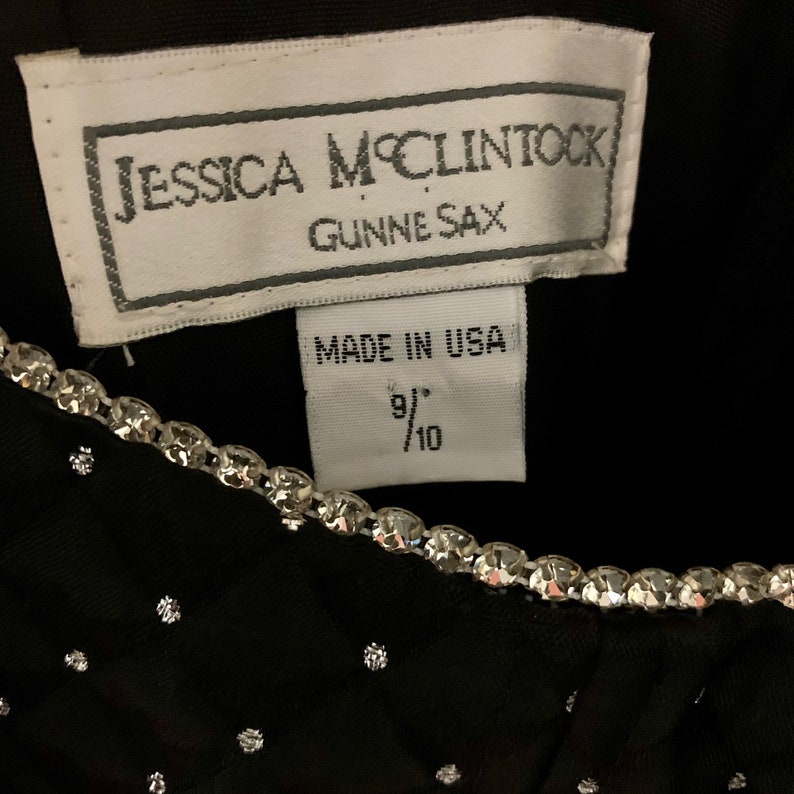 M 90s Formal Dress Medium Floor Length Black Evening Gown Metallic Silver Dot Rhinestone Jessica McClintock GUNNE SAX Vintage Clothing Women image 7
