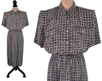 L 80s Shirtwaist Dress Large, Polyester Short Sleeve Pleated Belted Shoulder Pad Secretary Church, 1980s Clothes Women Vintage LESLIE FAY