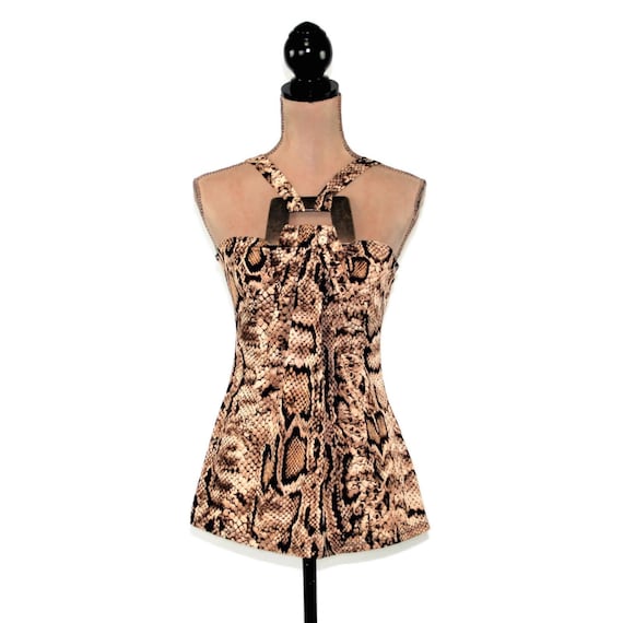 90s Halter Top Women Small, Snakeskin Print Sleeve