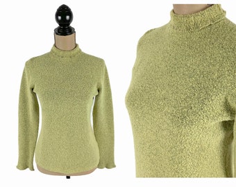 S 90s Lime Green Sweater Small, Mock Neck Lettuce Edge Acrylic Wool Blend Boucle Knit, 1990s Clothes Women, Vintage Clothing SIGRID OLSEN