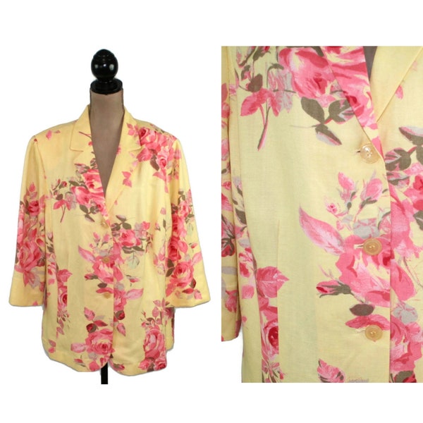 2X Plus Size Floral Jacket, Yellow + Pink Rose Print Blazer, Linen Rayon 3/4 Sleeve, Spring Summer Clothes Women Vintage 90s Y2K EMMA JAMES