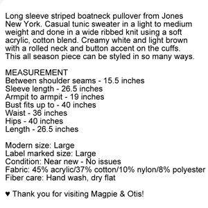 L Y2K Crème & Tan Boat Neck Pull rayé Grand, Tunique décontractée en tricot de coton acrylique, Vêtements des années 2000 Femmes vintage de JONES NEW YORK image 8