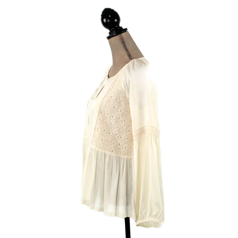 Romantic Boho Top Peasant Blouse Long Sleeve Rayon Loose Fitting Cream Blouse White High Low Top Keyhole Boho Clothing New Womens Clothing