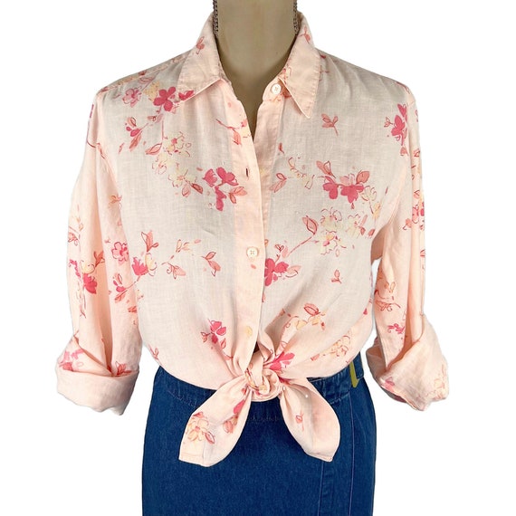 90s Long Sleeve Linen Floral Button Up Blouse, Co… - image 4