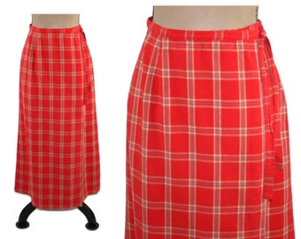 S 90s Long Cotton Skirt Small, Maxi Wrap Skirt, Casual Red Check Picnic Plaid, 1990s Clothes Women, Vintage Clothing from LIZWEAR Size 6